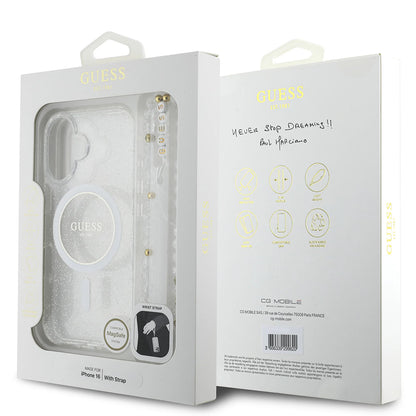 Funda MagSafe para Apple iPhone 16 Plus, Guess, IML Glitter con Correa de Perla, Transparente