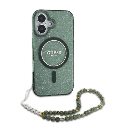 Funda MagSafe para Apple iPhone 16 Plus, Guess, IML Glitter con Correa de Perla, Verde