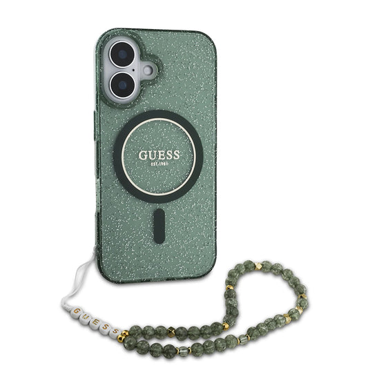 Funda MagSafe para Apple iPhone 16 Plus, Guess, IML Glitter con Correa de Perla, Verde
