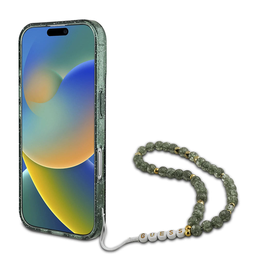 Funda MagSafe para Apple iPhone 16 Plus, Guess, IML Glitter con Correa de Perla, Verde