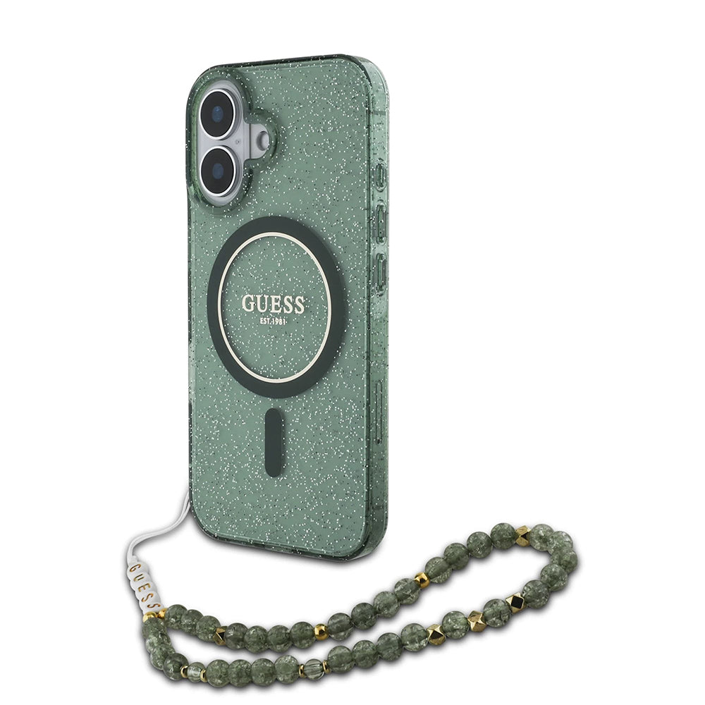 Funda MagSafe para Apple iPhone 16 Plus, Guess, IML Glitter con Correa de Perla, Verde