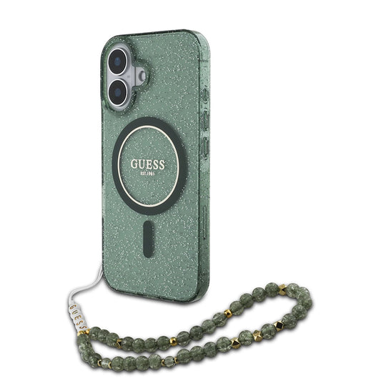 Funda MagSafe para Apple iPhone 16 Plus, Guess, IML Glitter con Correa de Perla, Verde
