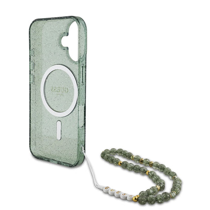 Funda MagSafe para Apple iPhone 16 Plus, Guess, IML Glitter con Correa de Perla, Verde