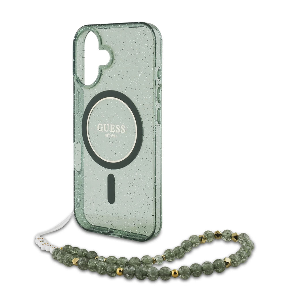 Funda MagSafe para Apple iPhone 16 Plus, Guess, IML Glitter con Correa de Perla, Verde