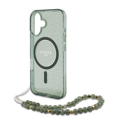 Funda MagSafe para Apple iPhone 16 Plus, Guess, IML Glitter con Correa de Perla, Verde