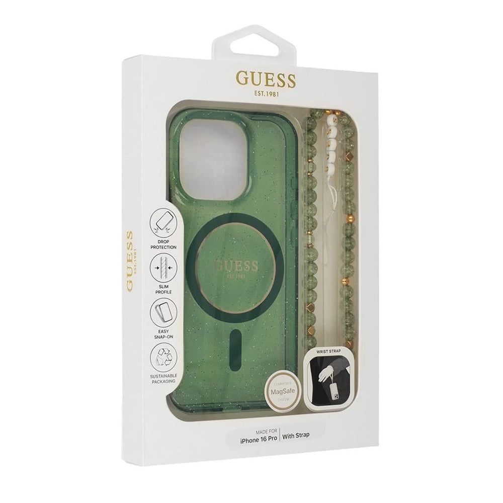 Funda MagSafe para Apple iPhone 16 Plus, Guess, IML Glitter con Correa de Perla, Verde