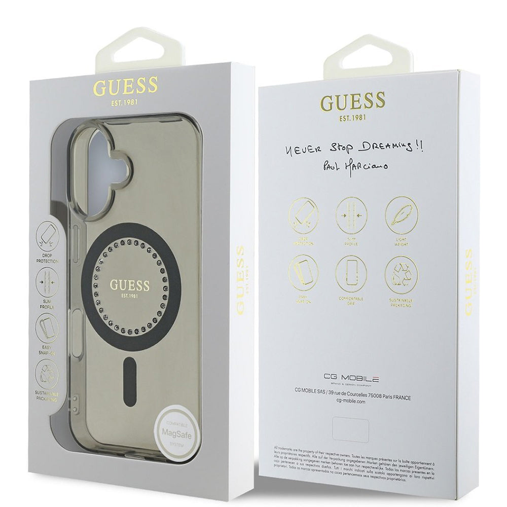 Funda MagSafe para Apple iPhone 16 Plus, Guess, IML Rhinestone, Negra