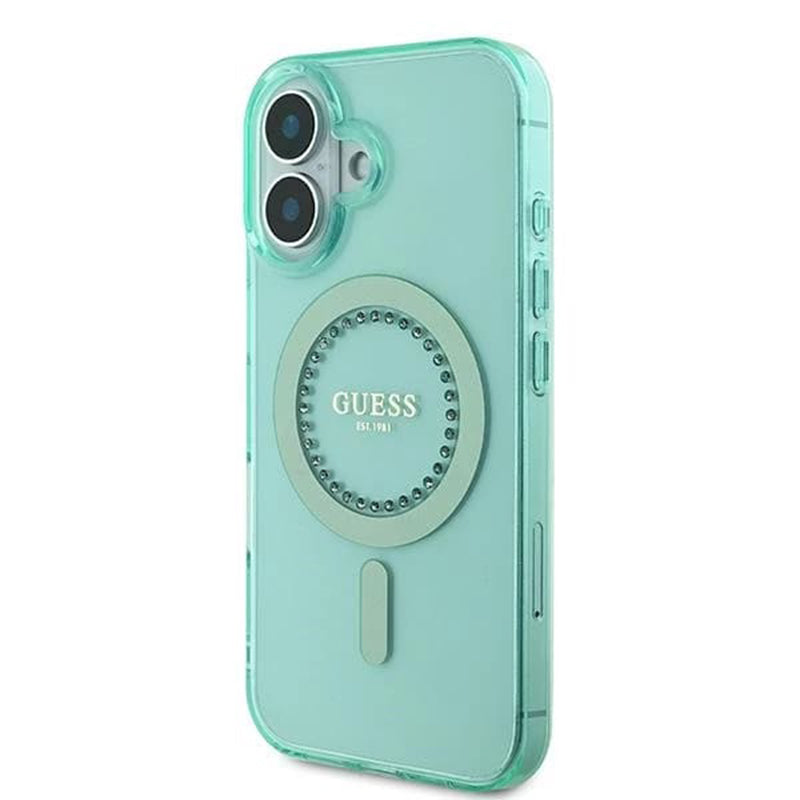 Funda MagSafe para Apple iPhone 16 Plus, Guess, IML Rhinestone, Verde