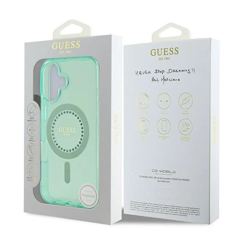 Funda MagSafe para Apple iPhone 16 Plus, Guess, IML Rhinestone, Verde