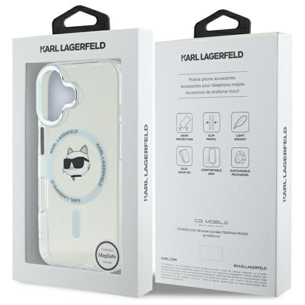 Funda MagSafe para Apple iPhone 16 Plus, Karl Lagerfeld, IML Metal Choupette's Head, Blanca.