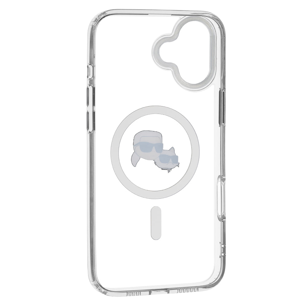 Funda MagSafe para Apple iPhone 16 Plus, Karl Lagerfeld, IML Metal Karl & Choupette's Heads, Blanca.