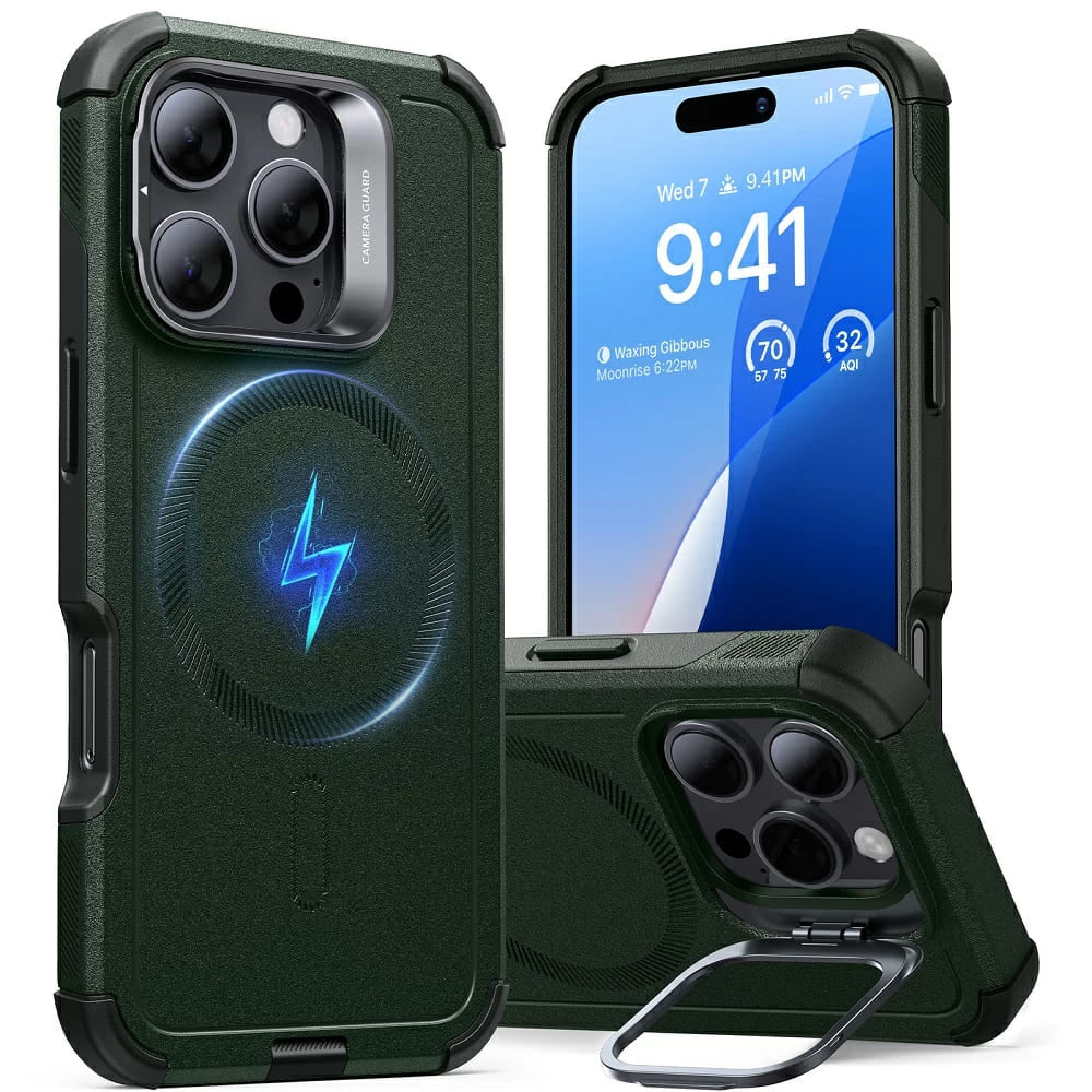 Funda MagSafe para Apple iPhone 16 Pro, ESR, Cyber Armor Kickstand, Verde