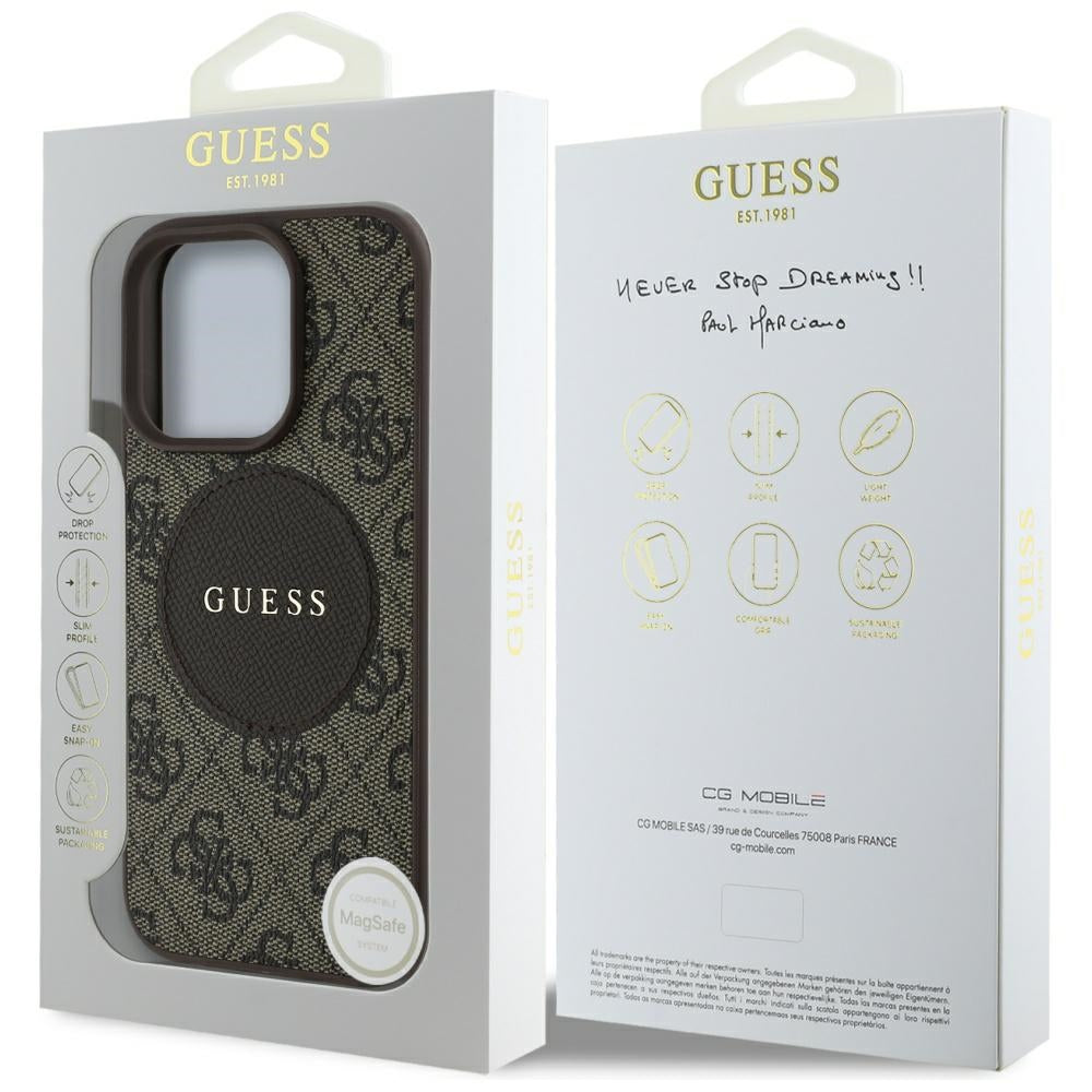 Funda MagSafe para Apple iPhone 16 Pro, Guess, 4G Circle Classic Logo, Marrón