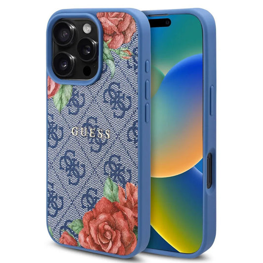 Funda MagSafe para Apple iPhone 16 Pro, Guess, 4G Flowers Print, Azul