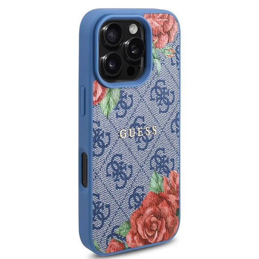 Funda MagSafe para Apple iPhone 16 Pro, Guess, 4G Flowers Print, Azul