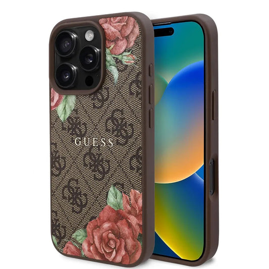 Funda MagSafe para Apple iPhone 16 Pro, Guess, Estampado de Flores 4G, Marrón