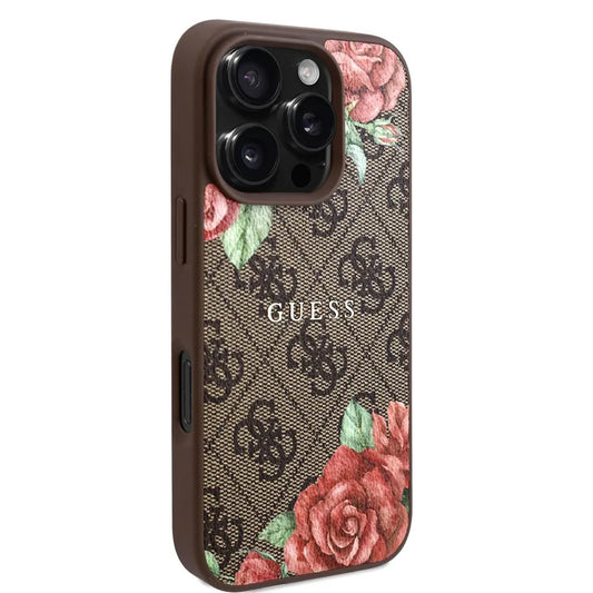 Funda MagSafe para Apple iPhone 16 Pro, Guess, Estampado de Flores 4G, Marrón