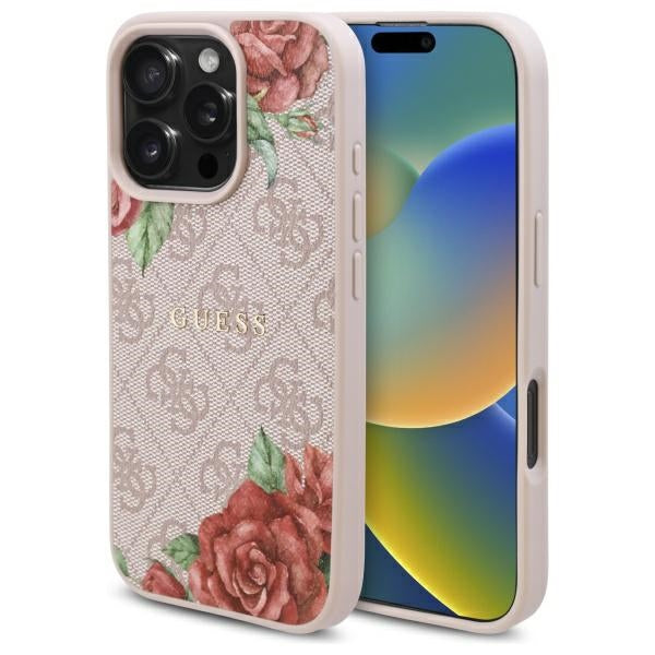 Funda MagSafe para Apple iPhone 16 Pro, Guess, Estampado de Flores 4G, Rosa