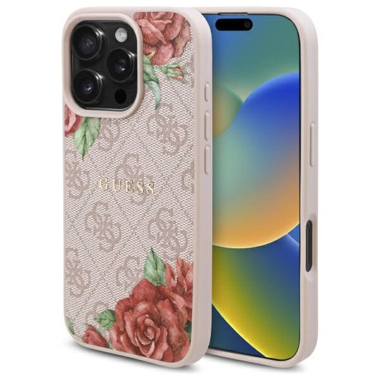 Funda MagSafe para Apple iPhone 16 Pro, Guess, Estampado de Flores 4G, Rosa