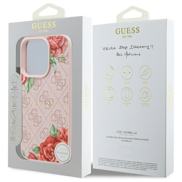 Funda MagSafe para Apple iPhone 16 Pro, Guess, Estampado de Flores 4G, Rosa