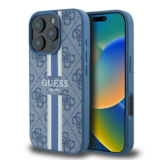Funda MagSafe para Apple iPhone 16 Pro, Guess, 4G Printed Stripes, Azul