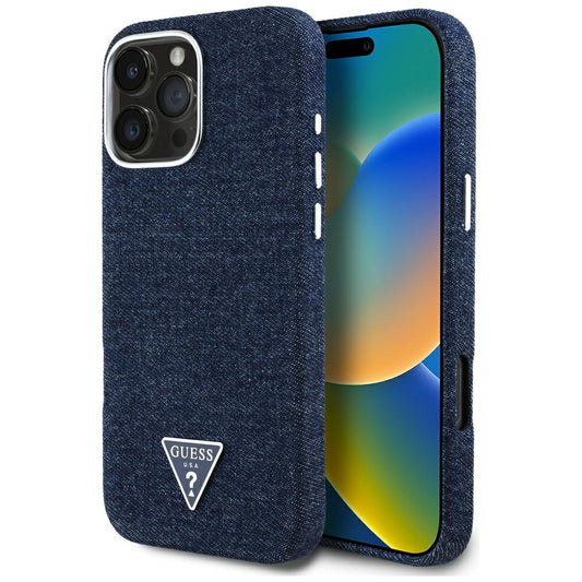 Funda MagSafe para Apple iPhone 16 Pro, Guess, Denim Triangle Logo, Azul