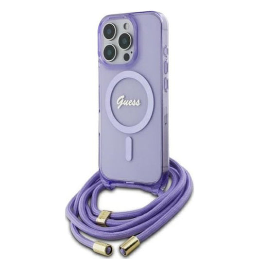 Funda MagSafe para Apple iPhone 16 Pro, Guess, IML Crossbody Cord Script, Morado