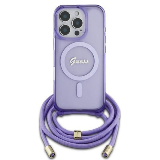 Funda MagSafe para Apple iPhone 16 Pro, Guess, IML Crossbody Cord Script, Morado