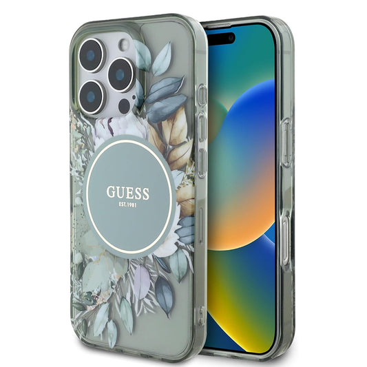 Funda MagSafe para Apple iPhone 16 Pro, Guess, IML Flower & Tonal Circle, Verde
