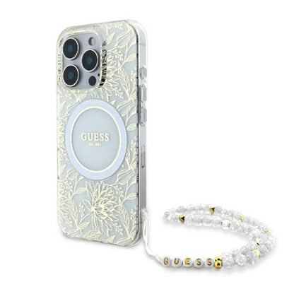 Funda MagSafe para Apple iPhone 16 Pro, Guess, IML Flowers Allover Electroplated with Pearl Strap, Blanca