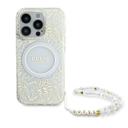 Funda MagSafe para Apple iPhone 16 Pro, Guess, IML Flowers Allover Electroplated with Pearl Strap, Blanca