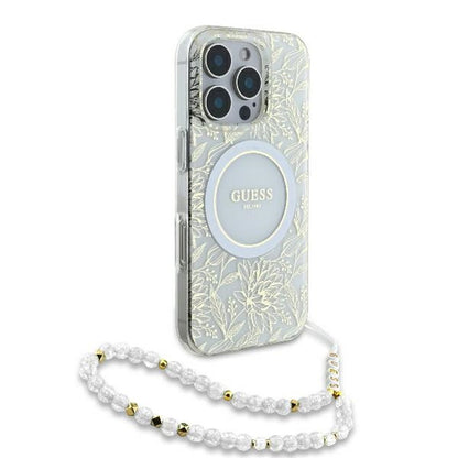Funda MagSafe para Apple iPhone 16 Pro, Guess, IML Flowers Allover Electroplated with Pearl Strap, Blanca
