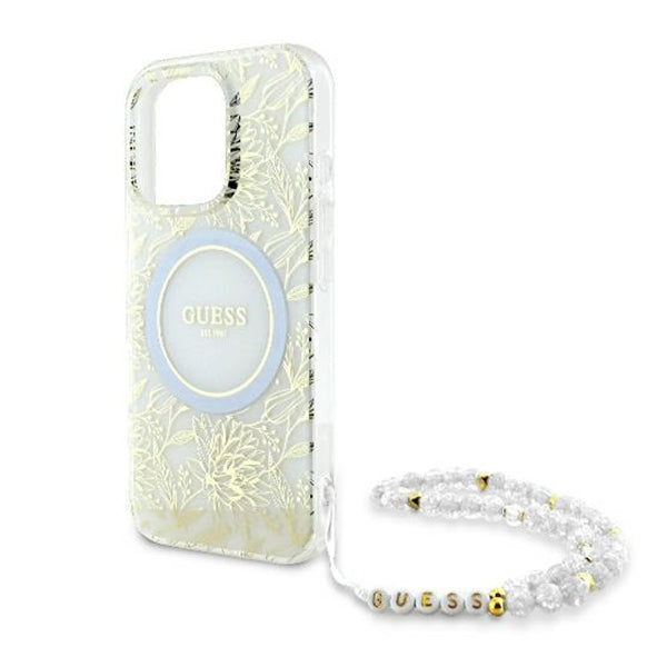 Funda MagSafe para Apple iPhone 16 Pro, Guess, IML Flowers Allover Electroplated with Pearl Strap, Blanca