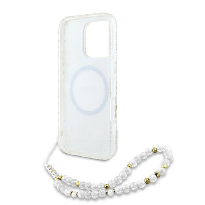 Funda MagSafe para Apple iPhone 16 Pro, Guess, IML Flowers Allover Electroplated with Pearl Strap, Blanca
