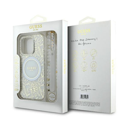 Funda MagSafe para Apple iPhone 16 Pro, Guess, IML Flowers Allover Electroplated with Pearl Strap, Blanca