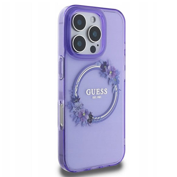 Funda MagSafe para Apple iPhone 16 Pro, Guess, IML Flowers Wreath, Morado