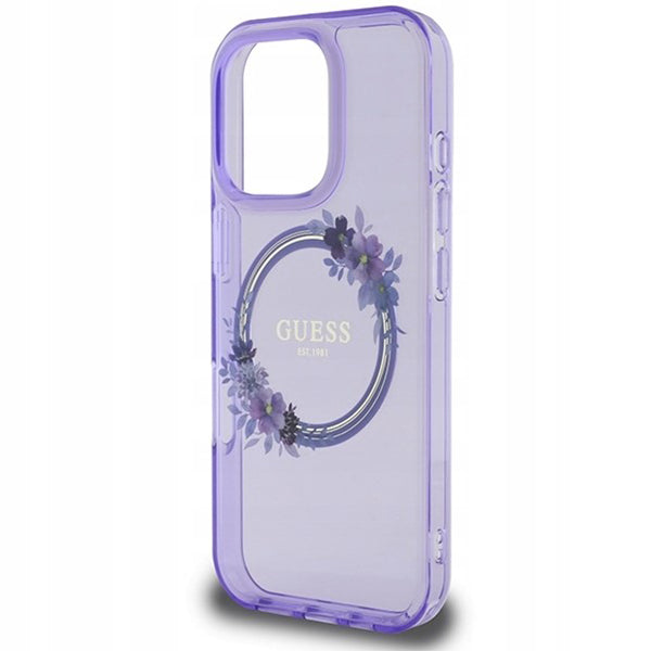 Funda MagSafe para Apple iPhone 16 Pro, Guess, IML Flowers Wreath, Morado