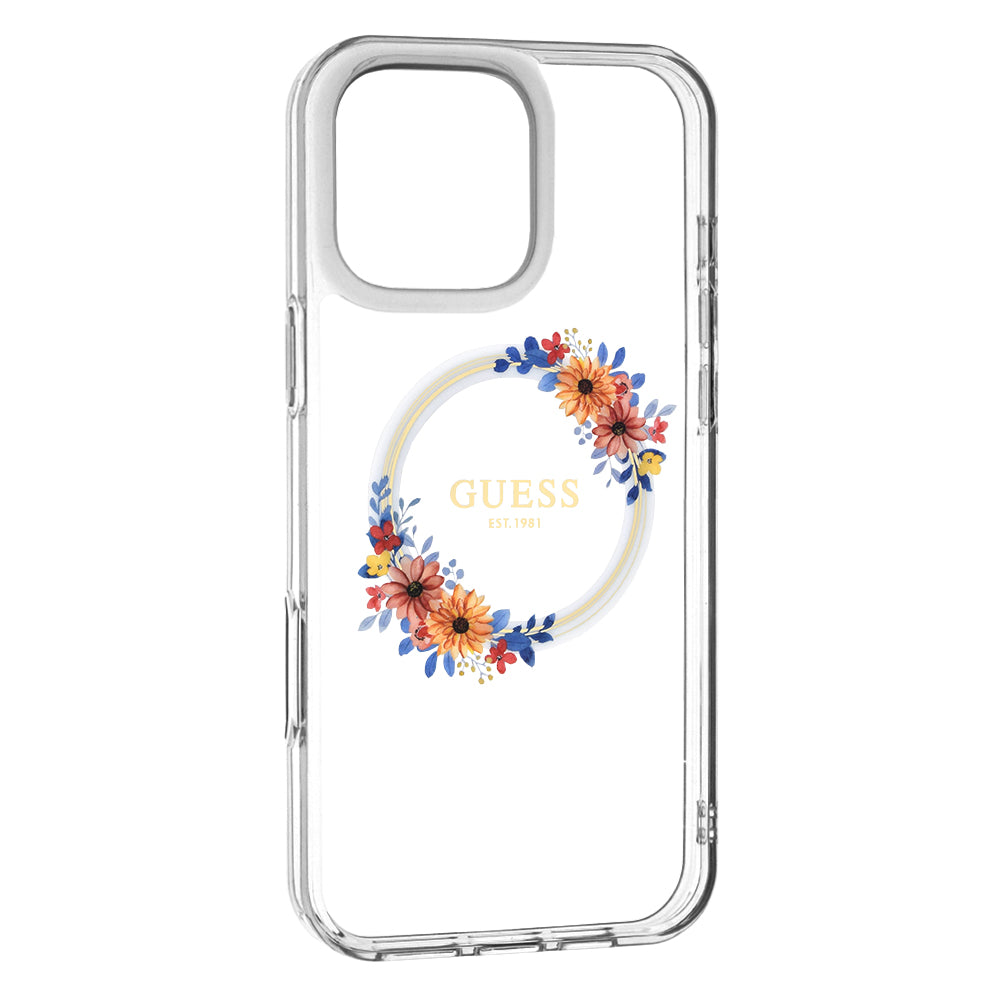 Funda MagSafe para Apple iPhone 16 Pro, Guess, IML Flowers Wreath, Transparente