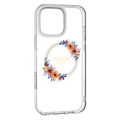 Funda MagSafe para Apple iPhone 16 Pro, Guess, IML Flowers Wreath, Transparente