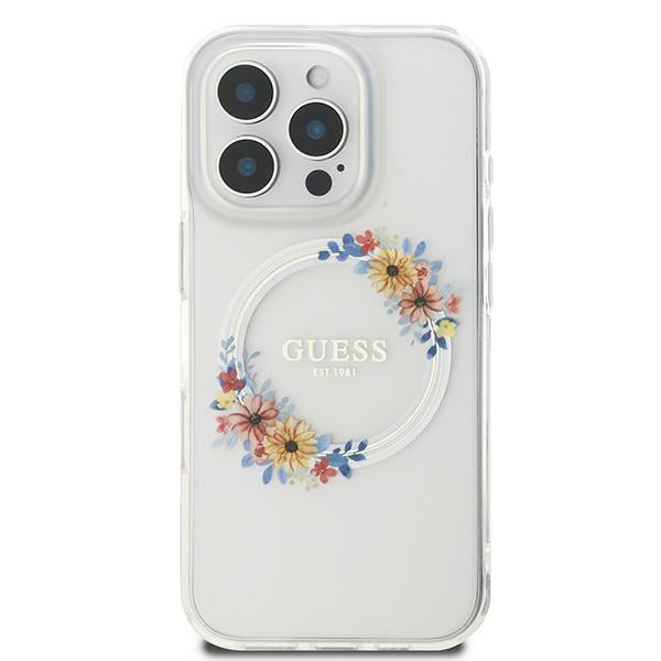 Funda MagSafe para Apple iPhone 16 Pro, Guess, IML Flowers Wreath, Transparente