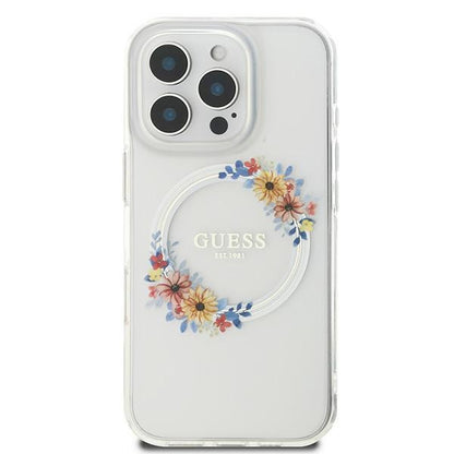Funda MagSafe para Apple iPhone 16 Pro, Guess, IML Flowers Wreath, Transparente
