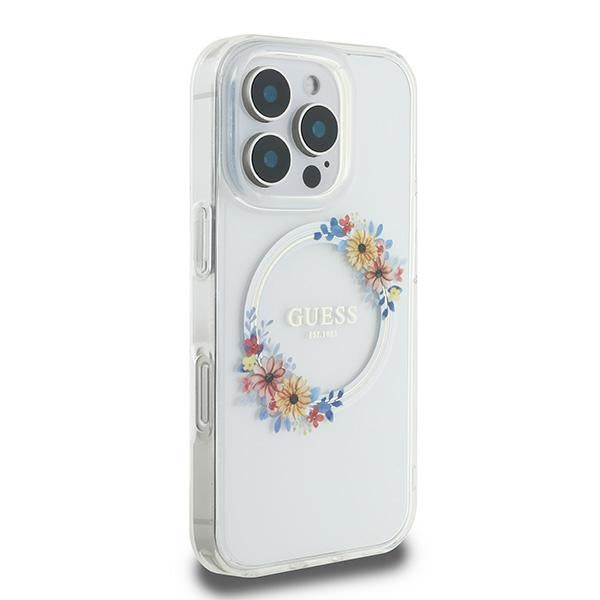 Funda MagSafe para Apple iPhone 16 Pro, Guess, IML Flowers Wreath, Transparente