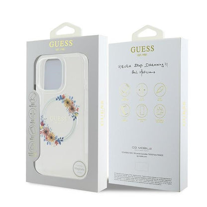 Funda MagSafe para Apple iPhone 16 Pro, Guess, IML Flowers Wreath, Transparente