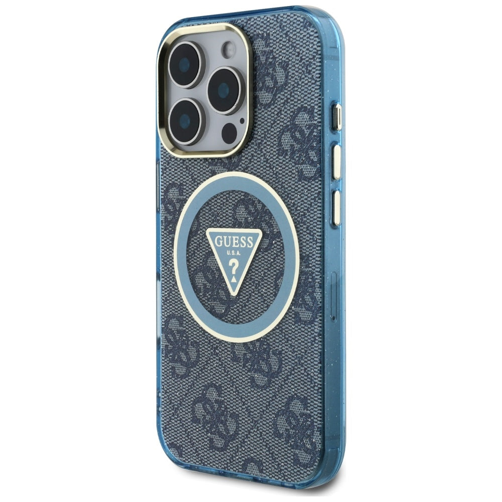 Funda MagSafe para Apple iPhone 16 Pro, Guess, IML Glitter 4G Circle Triangle, Azul