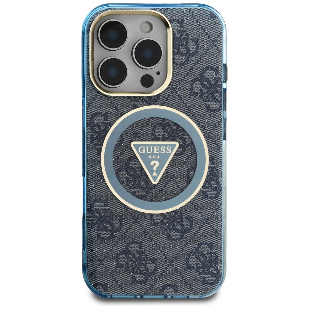 Funda MagSafe para Apple iPhone 16 Pro, Guess, IML Glitter 4G Circle Triangle, Azul