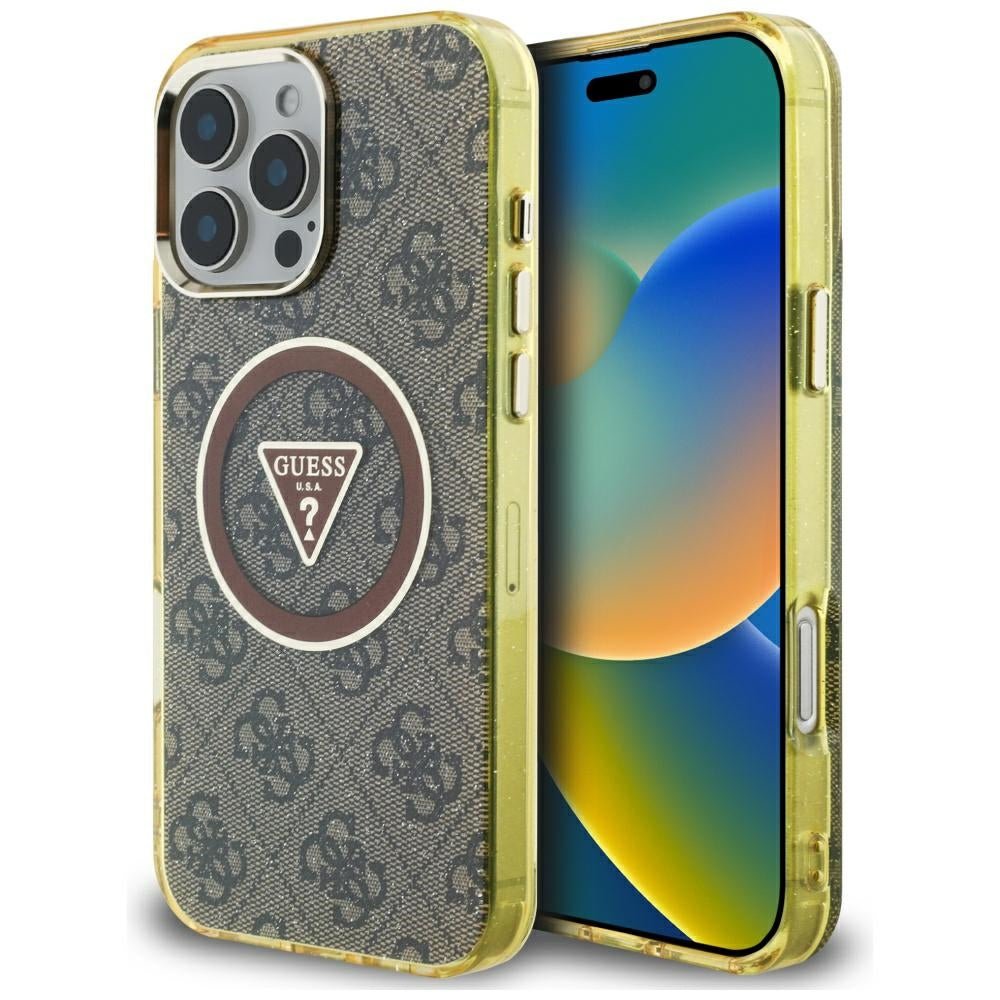 Funda MagSafe para Apple iPhone 16 Pro, Guess, IML Glitter 4G Circle Triangle, Marrón