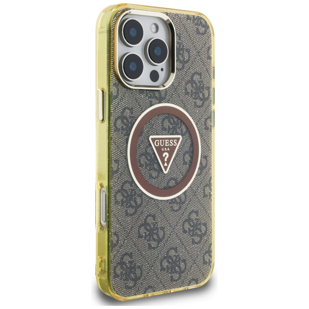 Funda MagSafe para Apple iPhone 16 Pro, Guess, IML Glitter 4G Circle Triangle, Marrón