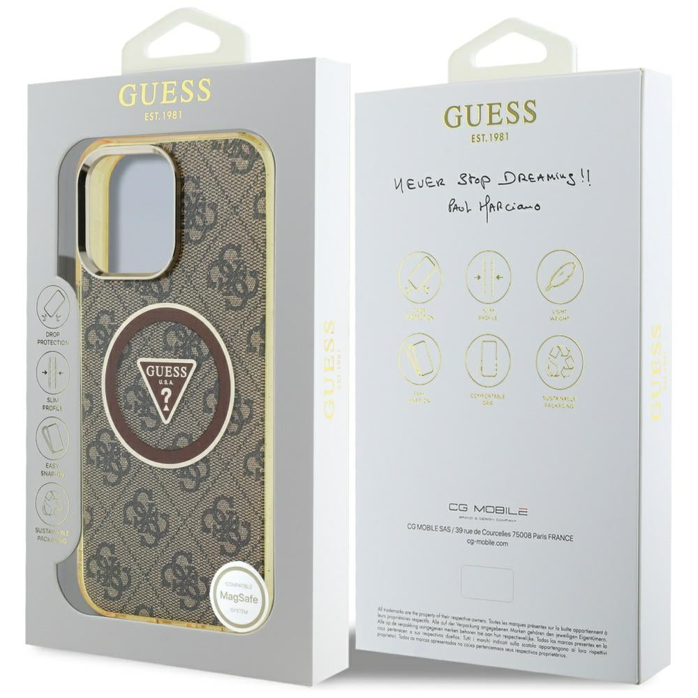 Funda MagSafe para Apple iPhone 16 Pro, Guess, IML Glitter 4G Circle Triangle, Marrón