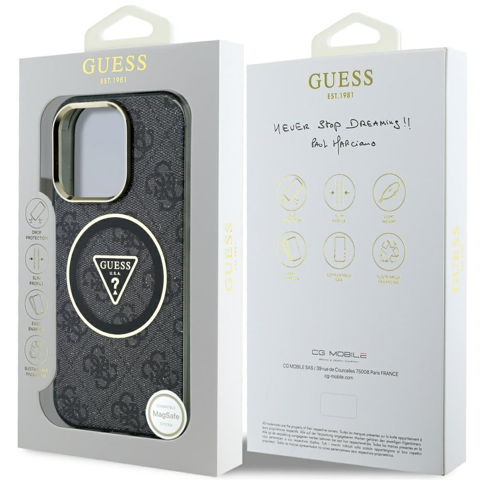 Funda MagSafe para Apple iPhone 16 Pro, Guess, IML Glitter 4G Circle Triangle, Negra