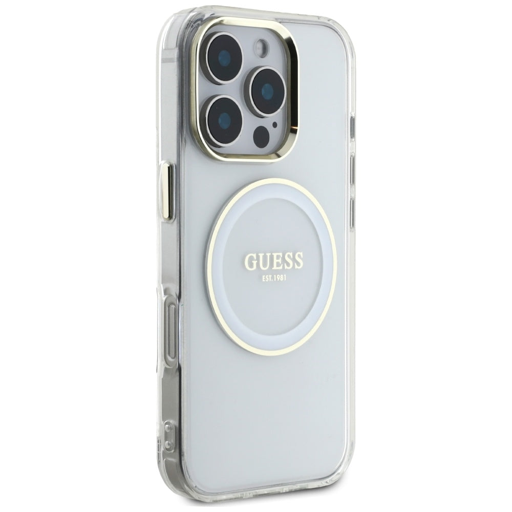 Funda MagSafe para Apple iPhone 16 Pro, Guess, IML Metal Colored Circle, Blanca